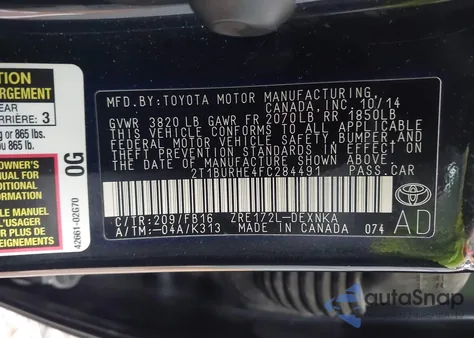 2015 Toyota Corolla Le из США, поврежденный, VIN 2T1BURHE4FC284491